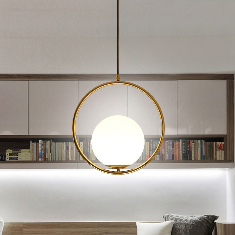 Modern Hanging Circle Metal Ring LED Glass Ball Light